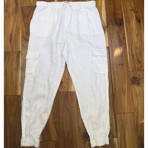 Nicole Miller Size XL 100% Linen Jogger Pants White Cargo Pull On Summer Beach